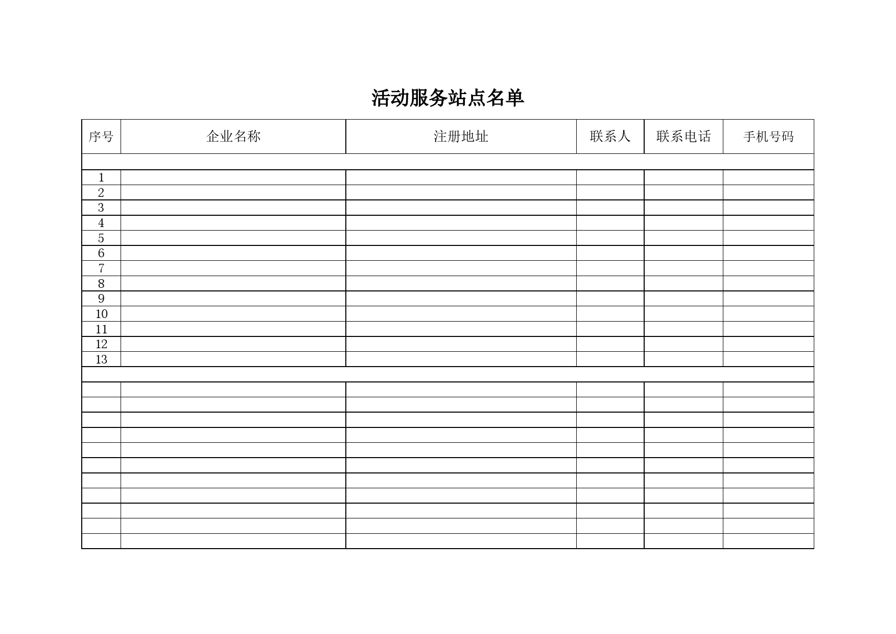 行业活动服务站点名单Excel表格模板_第1页