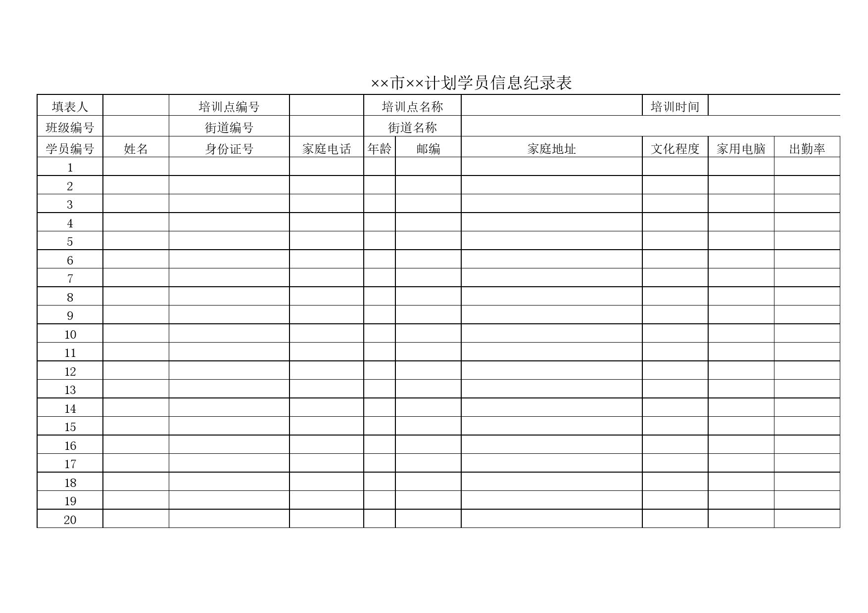 计划学员信息纪录表Excel表格模板_第1页