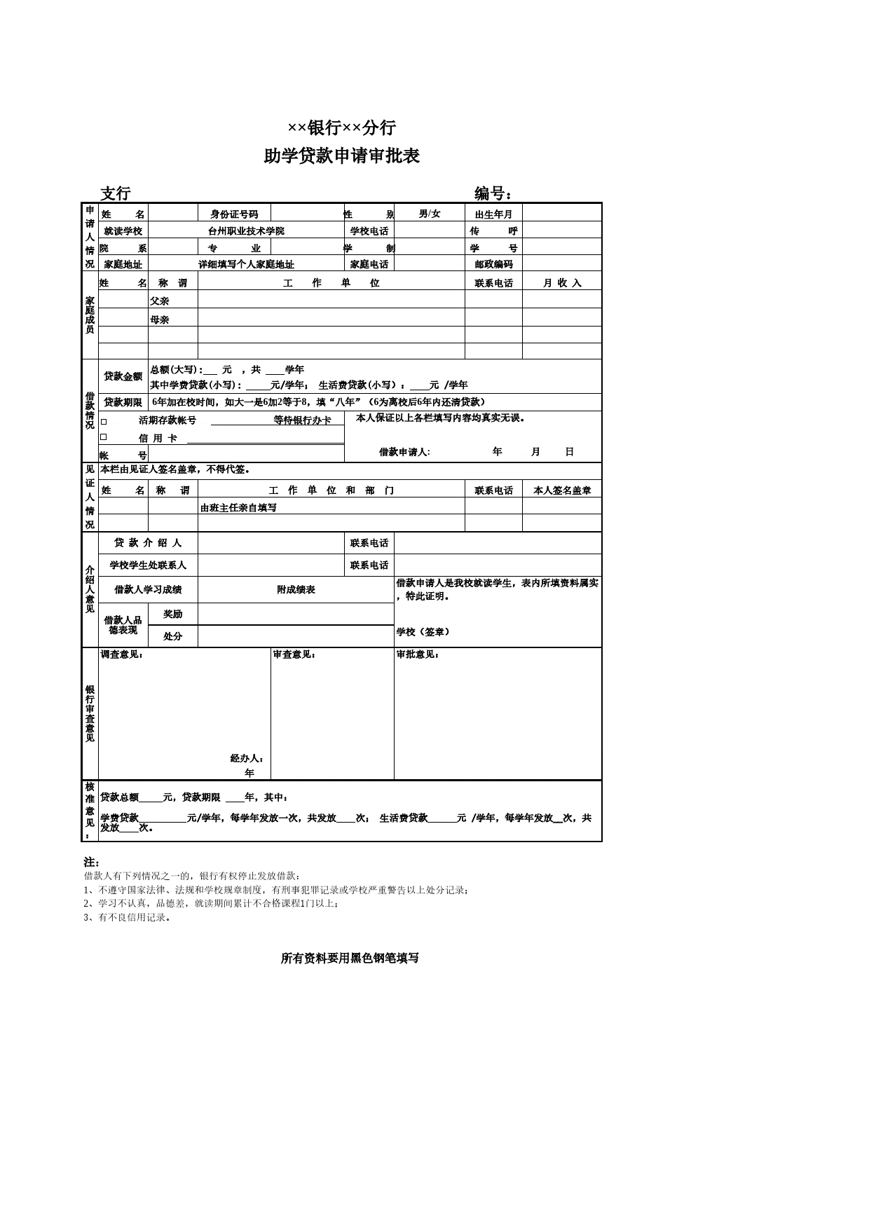 银行助学贷款申请审批表Excel表格模板_第1页