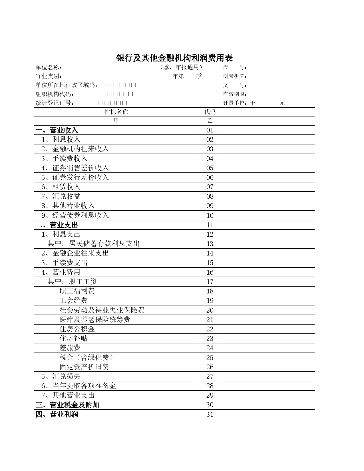 银行及其他金融机构利润费用表Excel表格模板_第1页