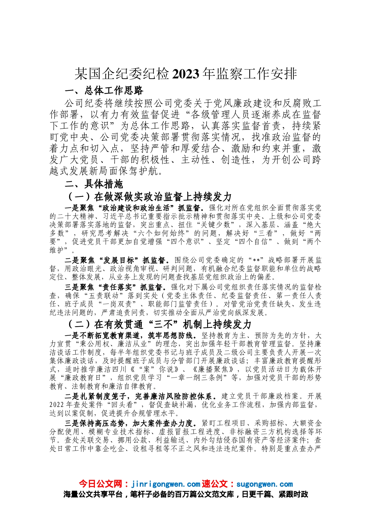 某国企纪委纪检2023年监察工作安排_第1页