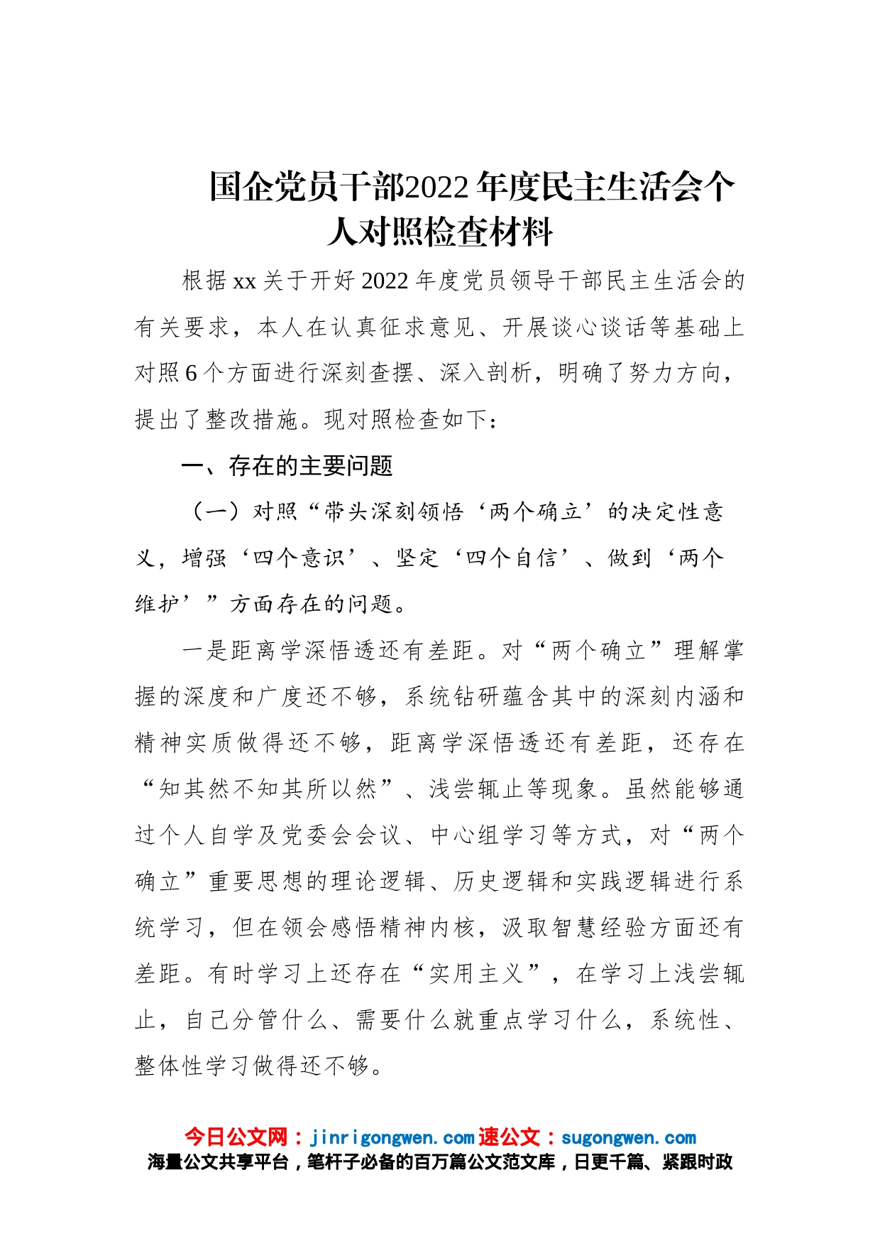 国企党员干部2022年度民主生活会个人对照检查材料_第1页