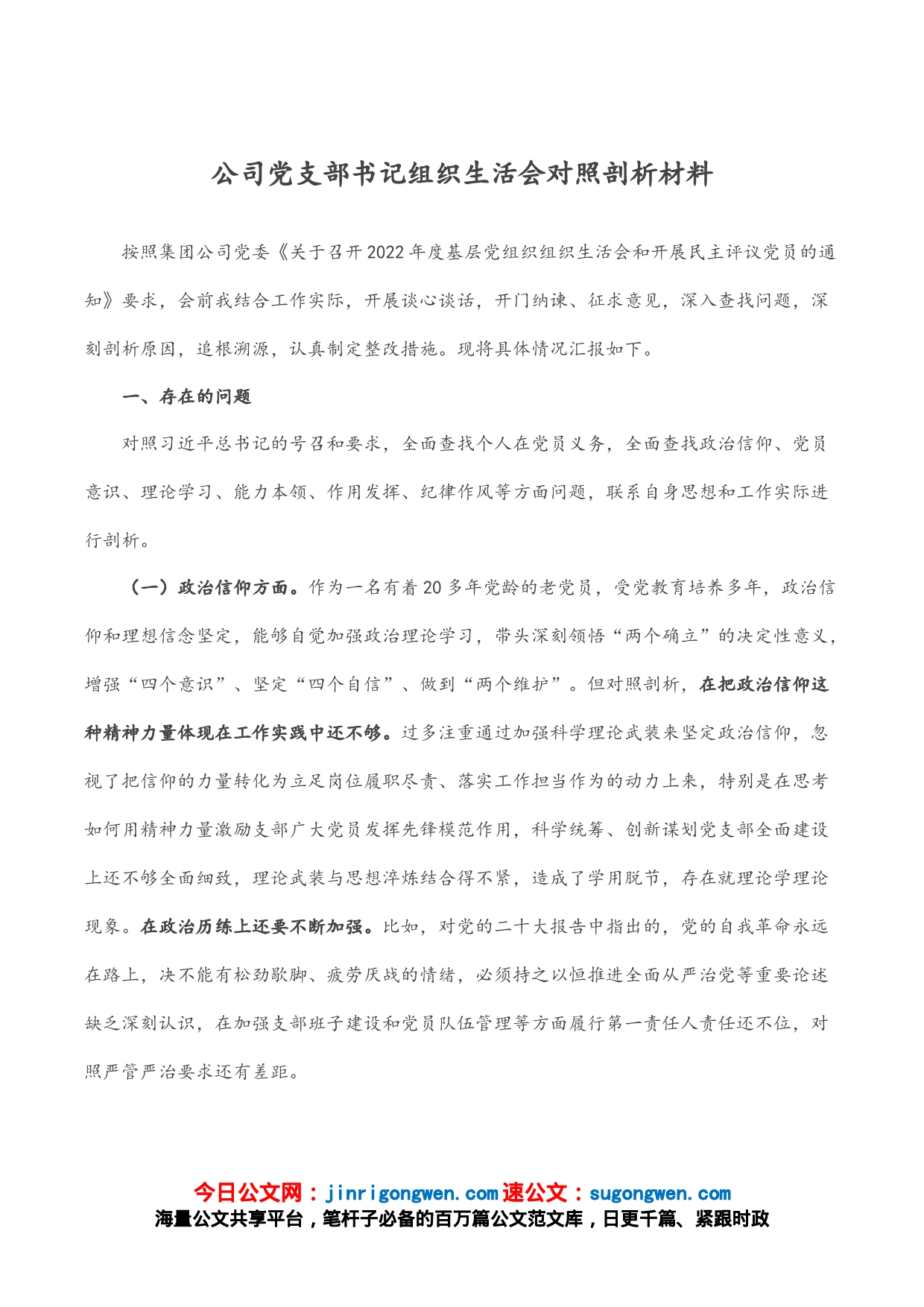 公司党支部书记组织生活会对照剖析材料_第1页