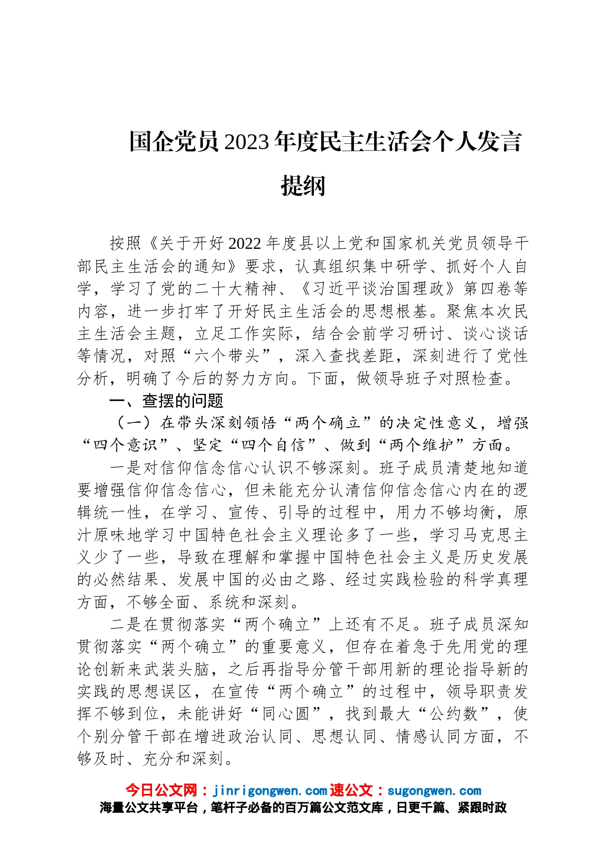 国企党员2023年度民主生活会个人发言提纲_第1页