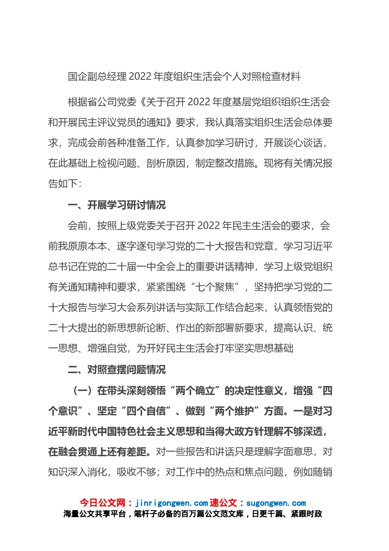 国企副总经理2022年度组织生活会个人对照检查材料_第1页