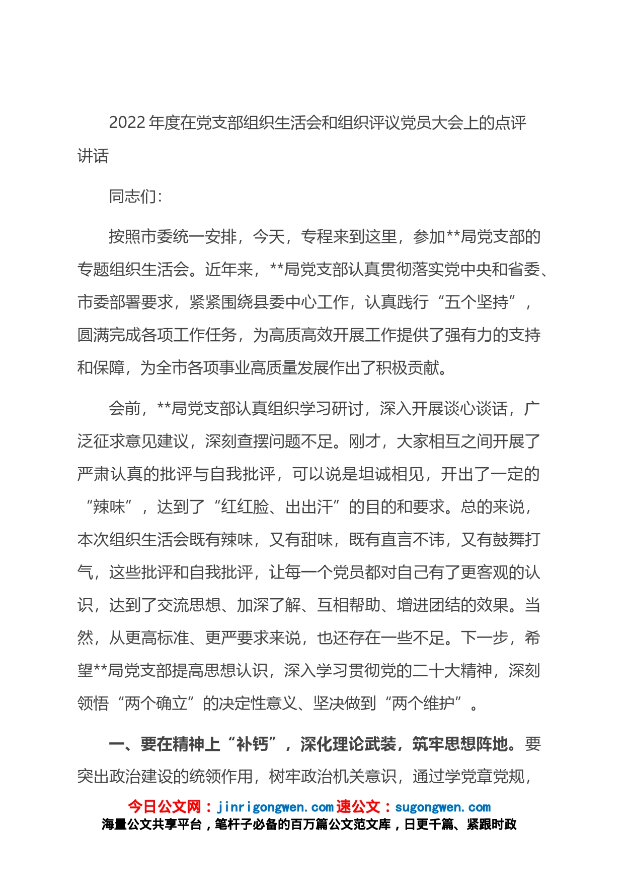 2022年度在党支部组织生活会和组织评议党员大会上的点评讲话_第1页