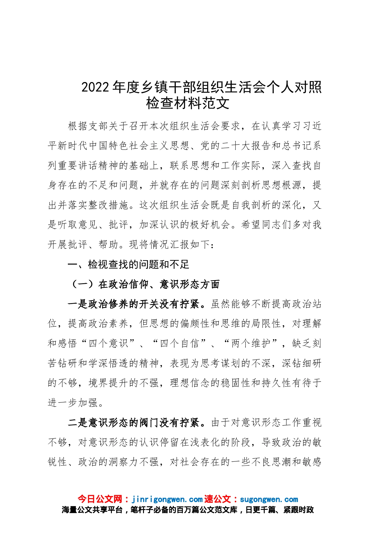 2022年度乡镇干部组织生活会个人对照检查材料2023初信仰形态检视剖析发言提纲_第1页