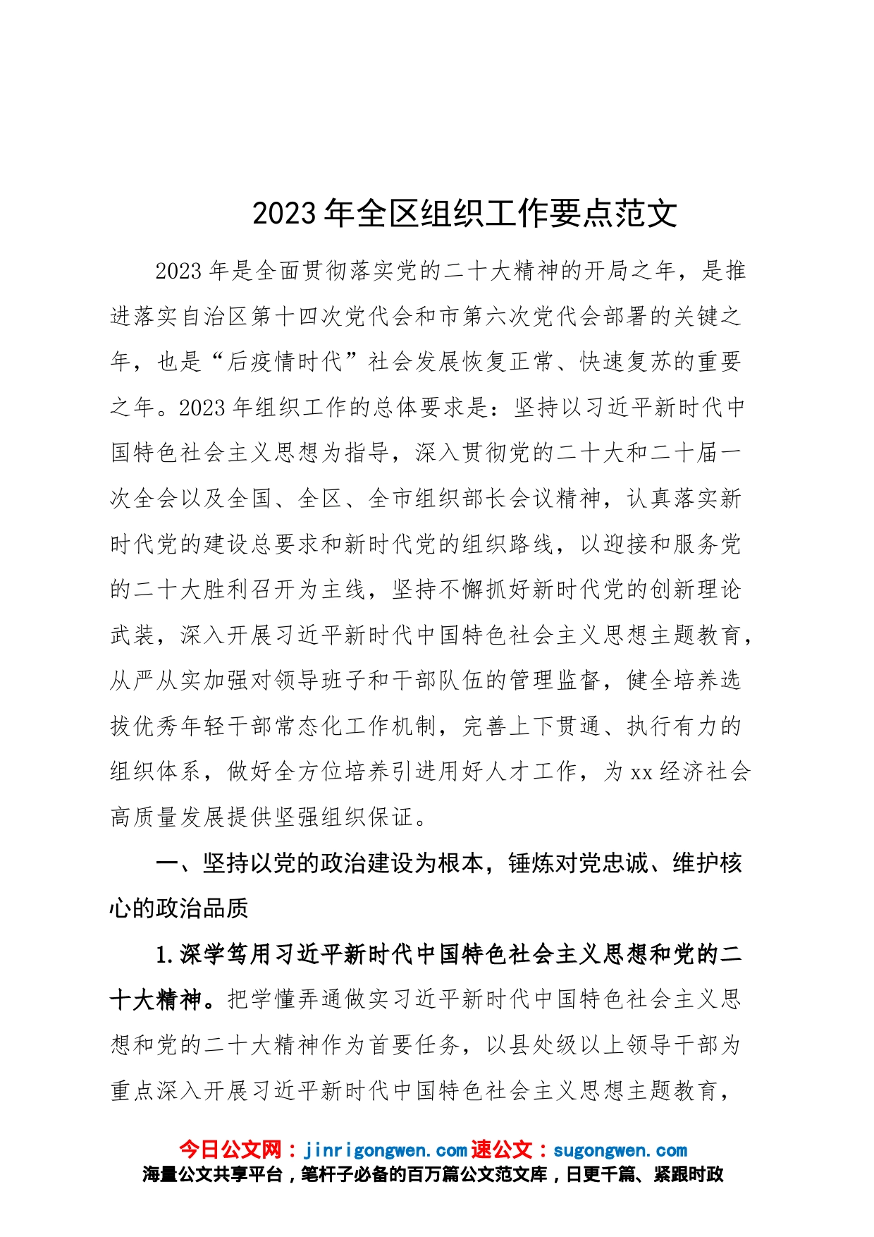 2023年全区组织工作要点计划方案_第1页