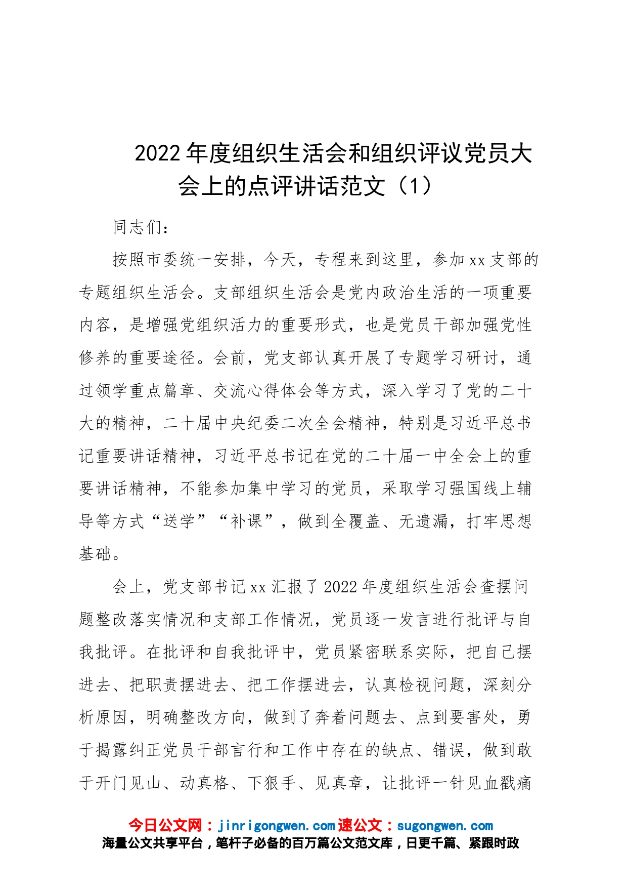 2篇2022年度组织生活会和民主评议党员大会点评讲话会议2023初_第1页