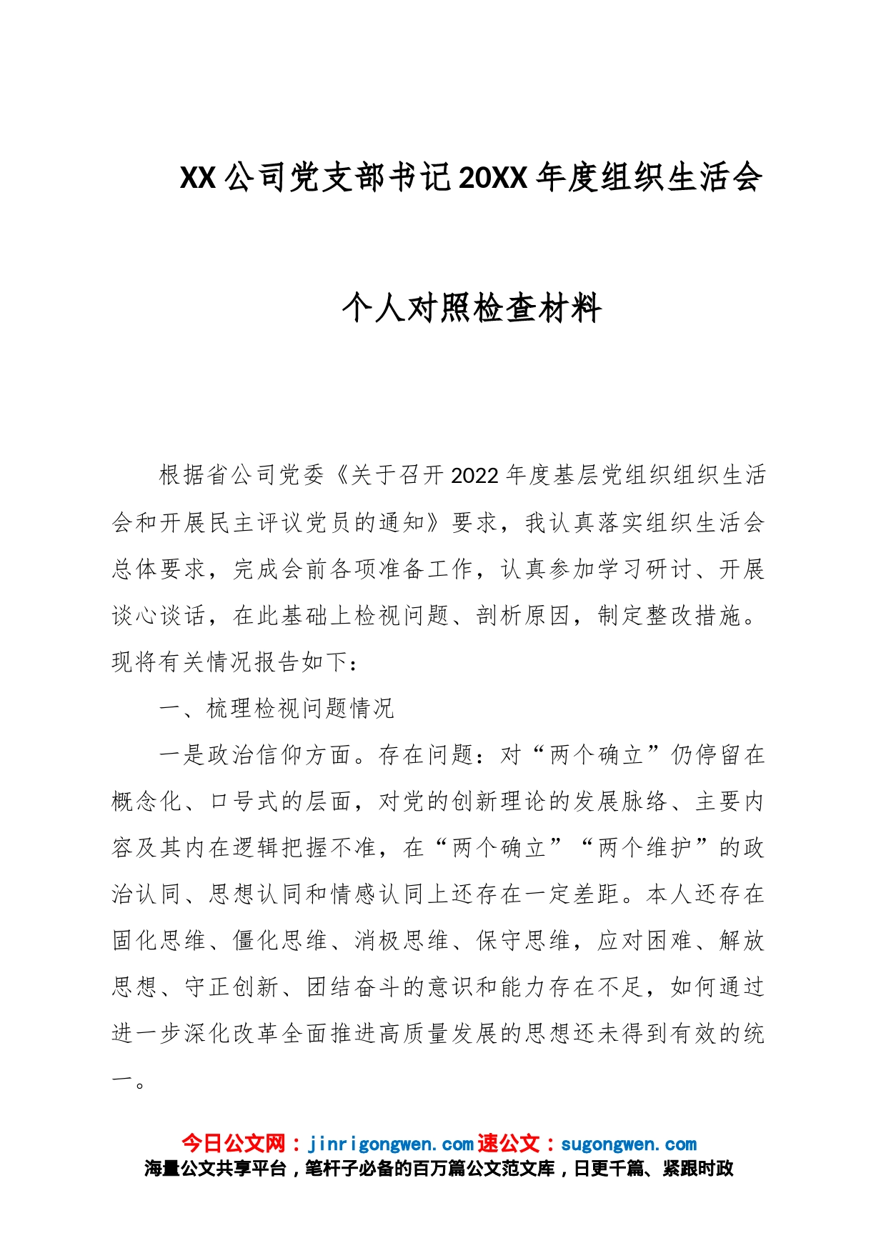 XX公司党支部书记20XX年度组织生活会个人对照检查材料_第1页