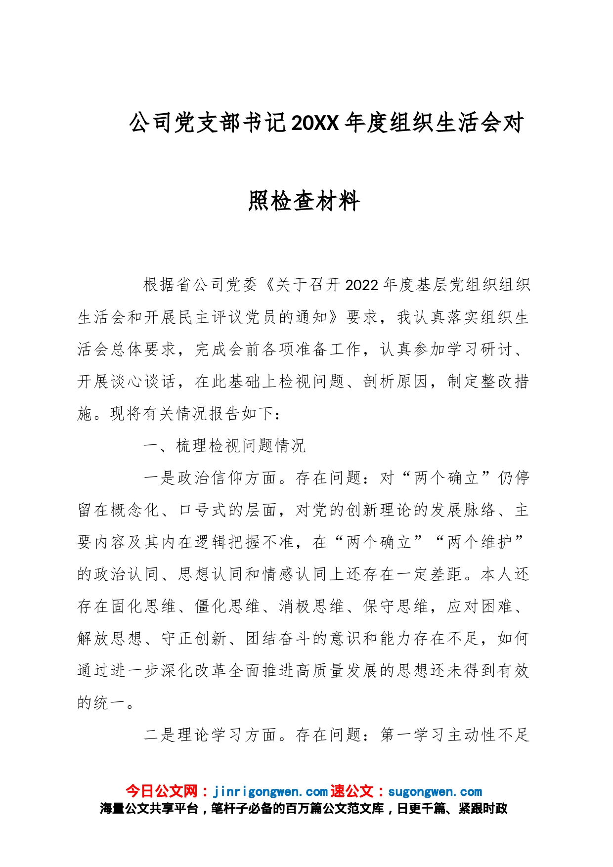 公司党支部书记20XX年度组织生活会对照检查材料_第1页