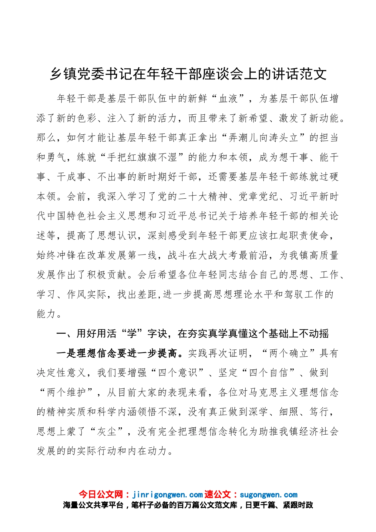 乡镇党委书记在年轻干部座谈会上的讲话青年_第1页