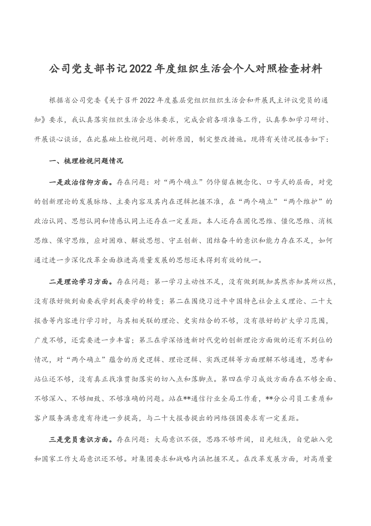 公司党支部书记2022年度组织生活会个人对照检查材料_第1页