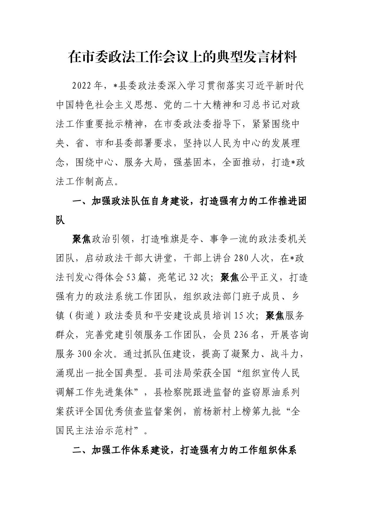 在市委政法工作会议上的典型发言材料_第1页