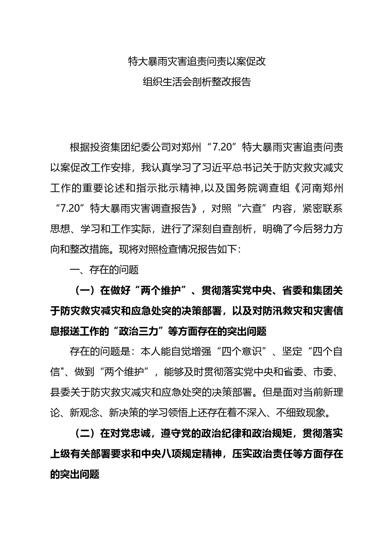 特大暴雨灾害追责问责以案促改组织生活会剖析整改报告_第1页