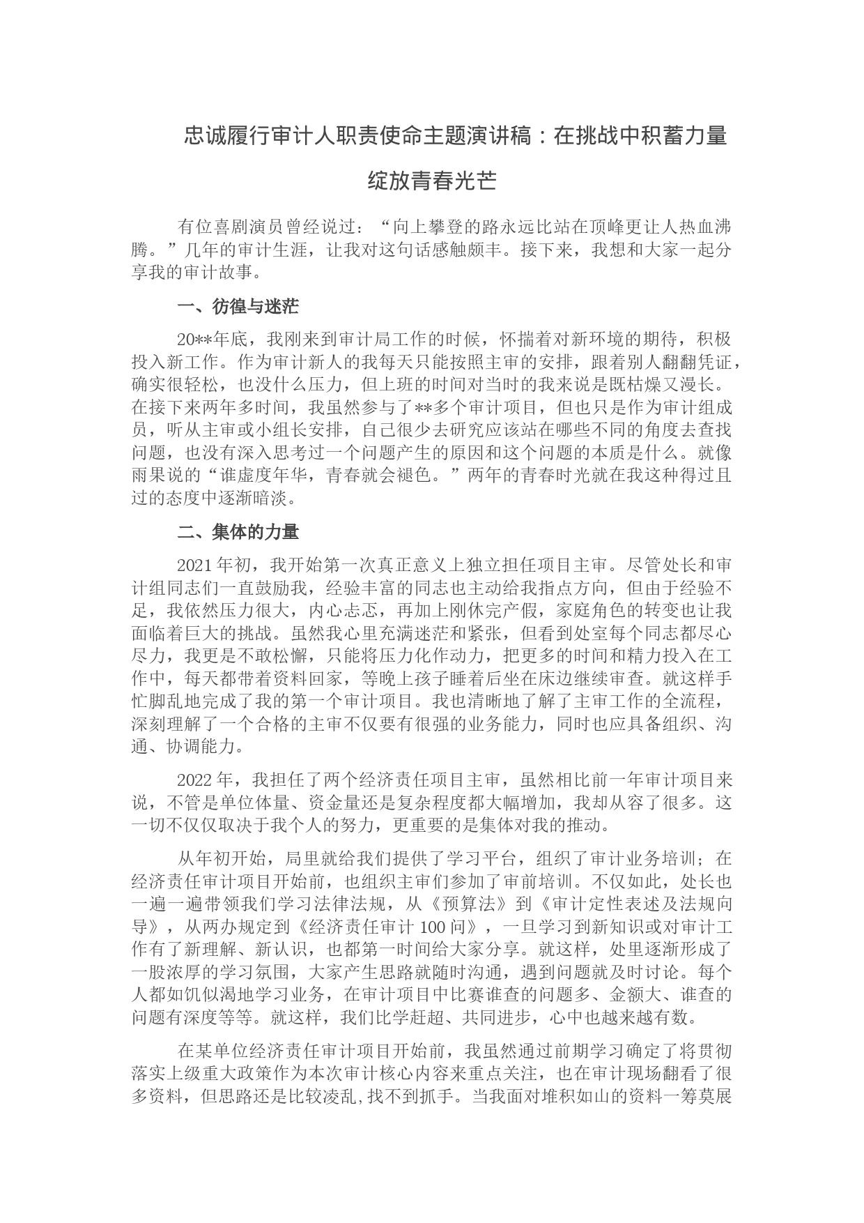 忠诚履行审计人职责使命主题演讲稿：在挑战中积蓄力量绽放青春光芒_第1页