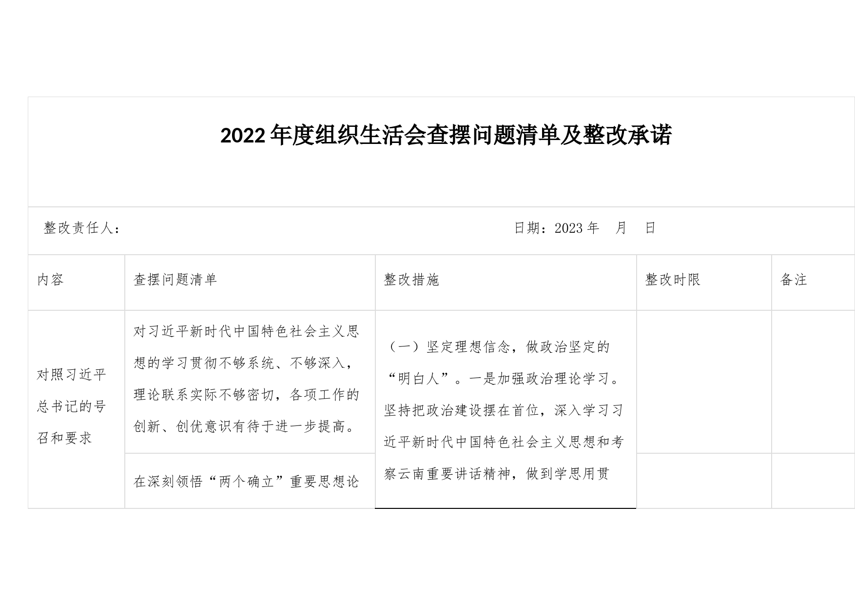 2022年度组织生活会查摆问题清单及整改承诺_第1页