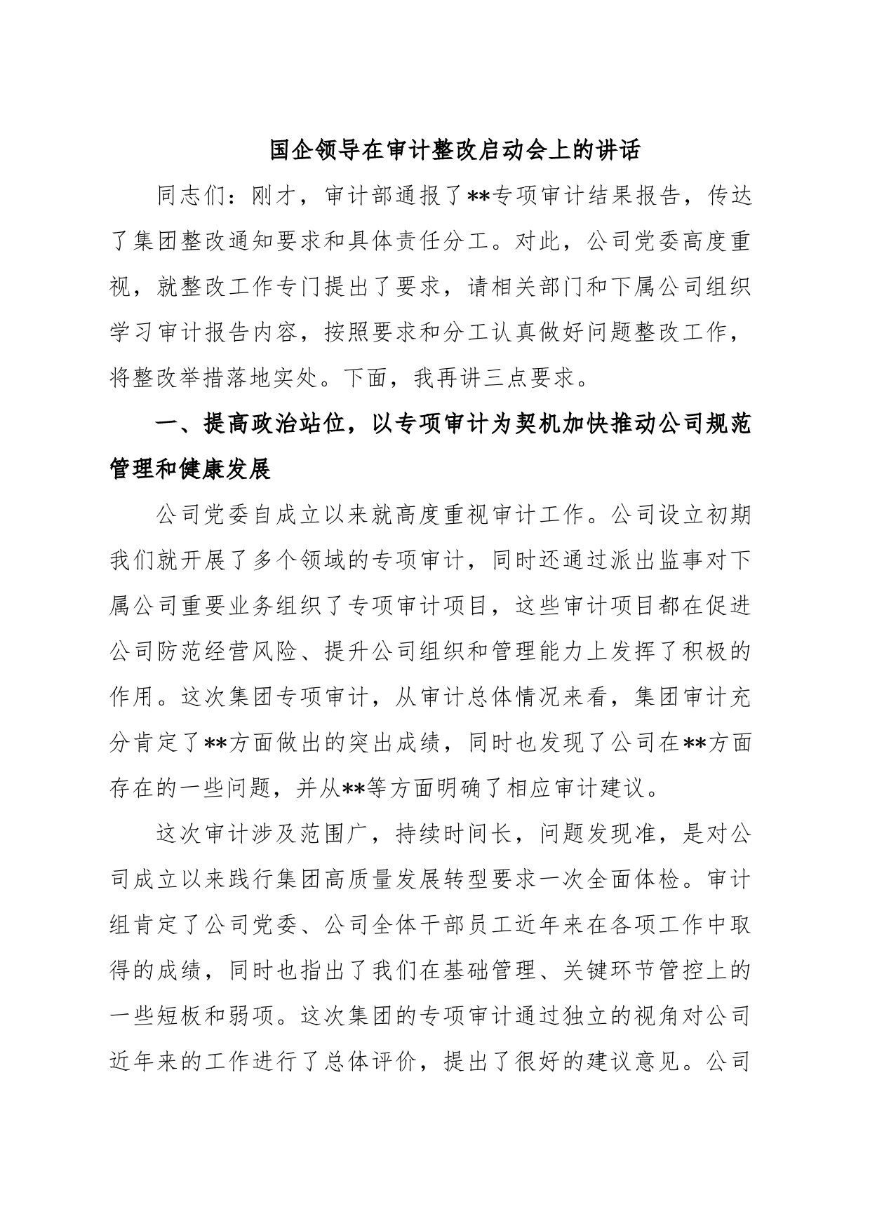 国企领导在审计整改启动会上的讲话_第1页