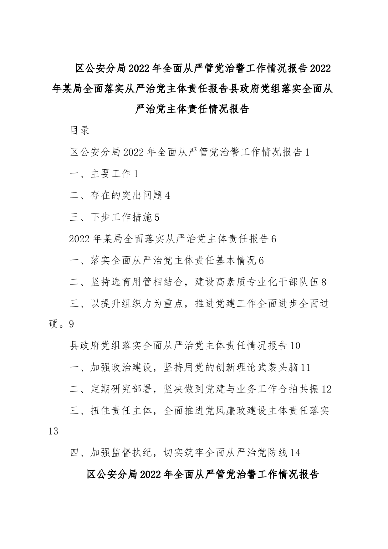 区公安分局2022年全面从严管党治警工作情况报告2022年某局全面落实从严治党主体责任报告县政府党组落实全面从严治党主体责任情况报告_第1页