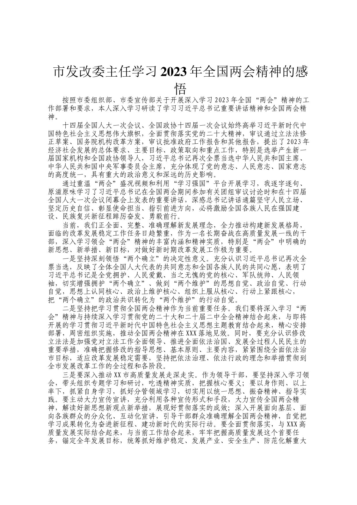 市发改委主任学习2023年全国两会精神的感悟_第1页