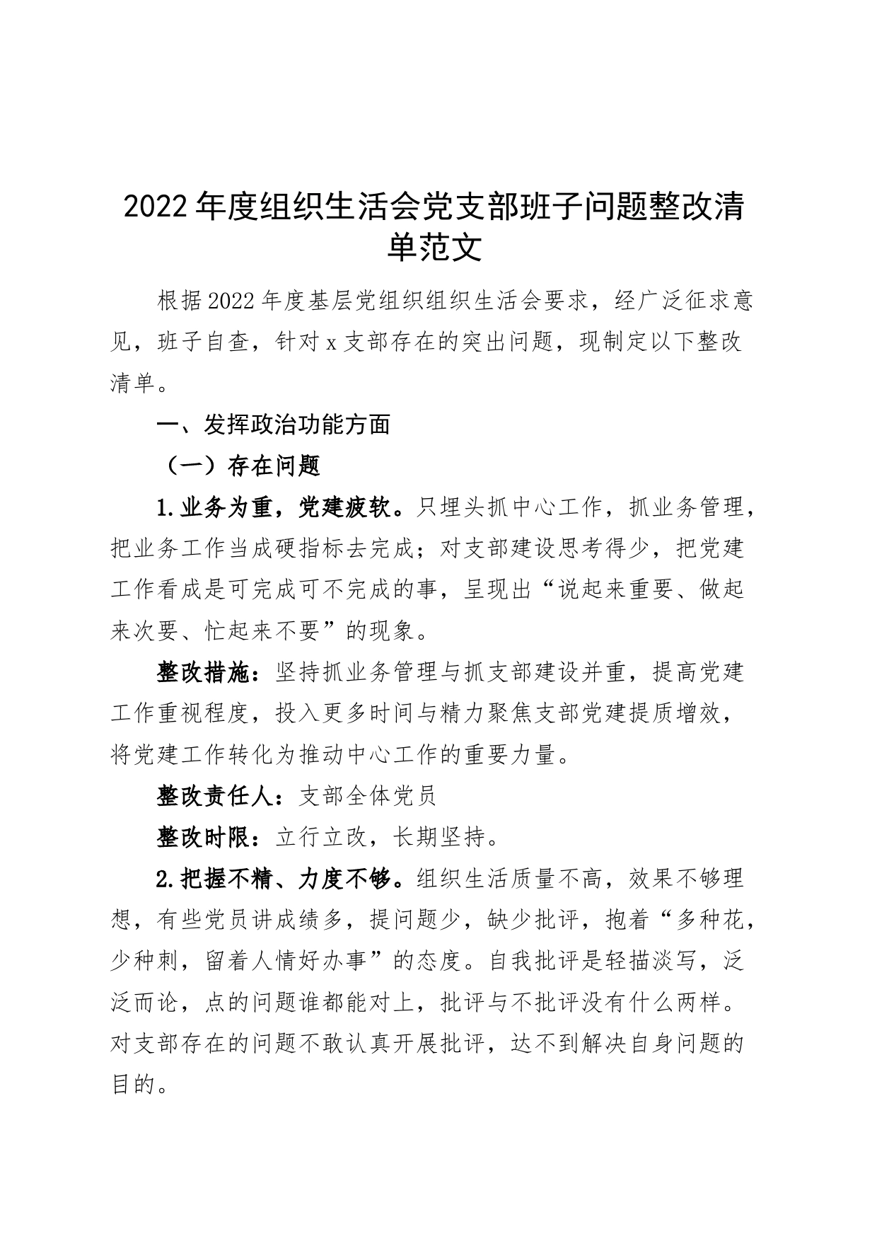 2022年度组织生活会党支部班子问题整改清单措施2023初_第1页