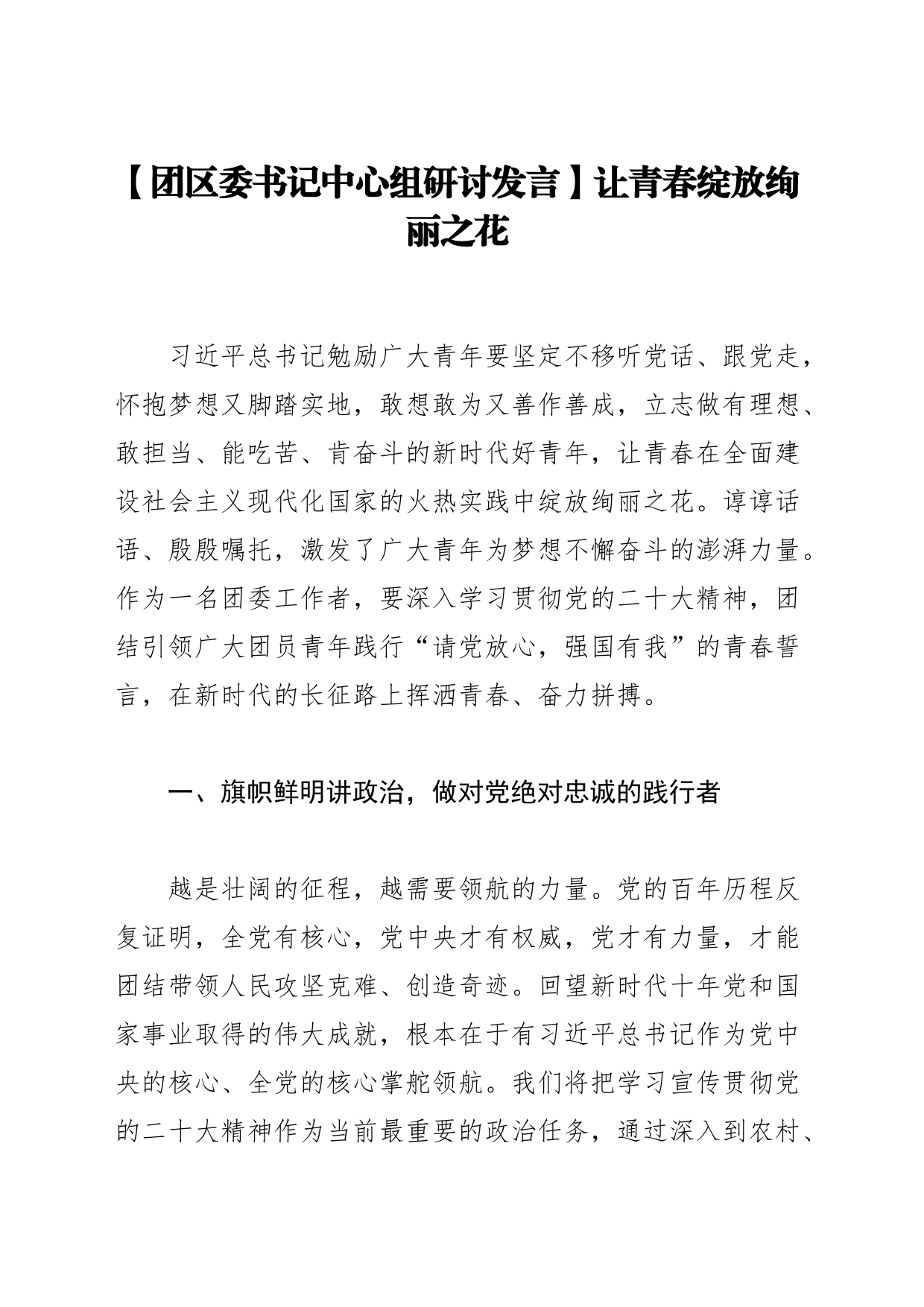 【团区委书记中心组研讨发言】让青春绽放绚丽之花_第1页