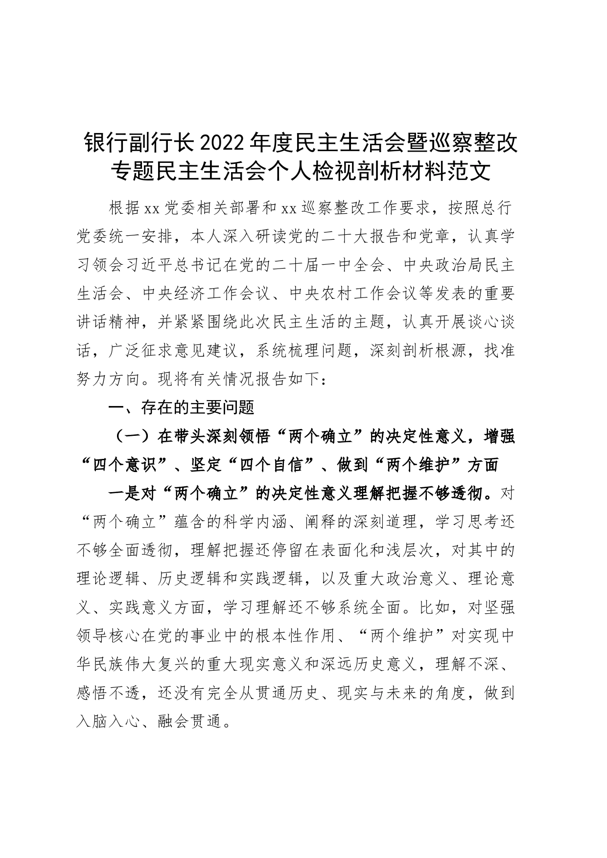 银行副行长2022年度民主生活会暨巡察整改专题民主生活会个人检视剖析材料范文_第1页