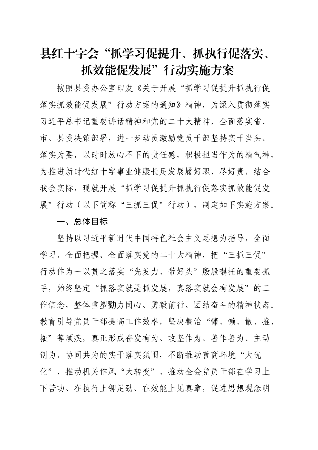 县红十字会“抓学习促提升、抓执行促落实、抓效能促发展”行动实施方案_第1页