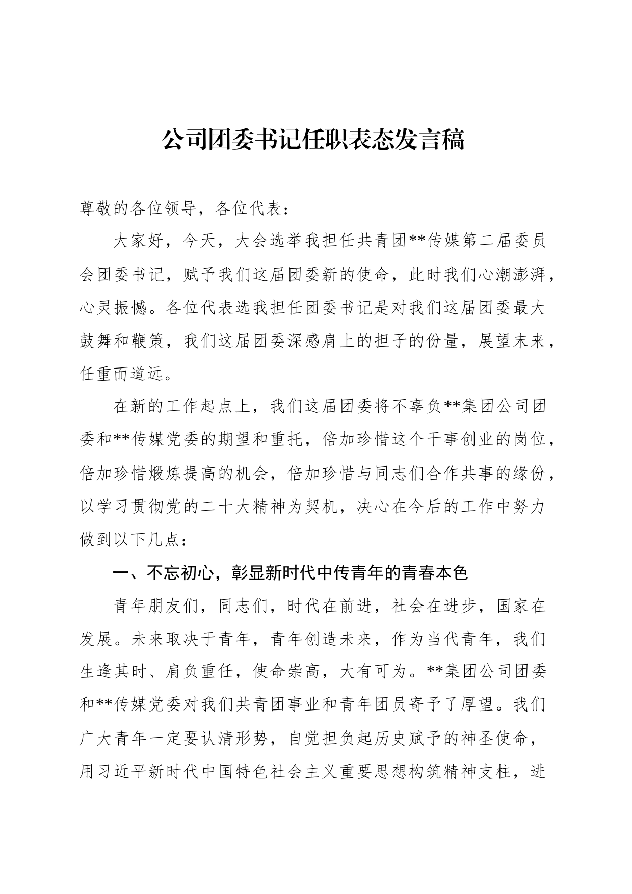 公司团委书记任职表态发言稿_第1页