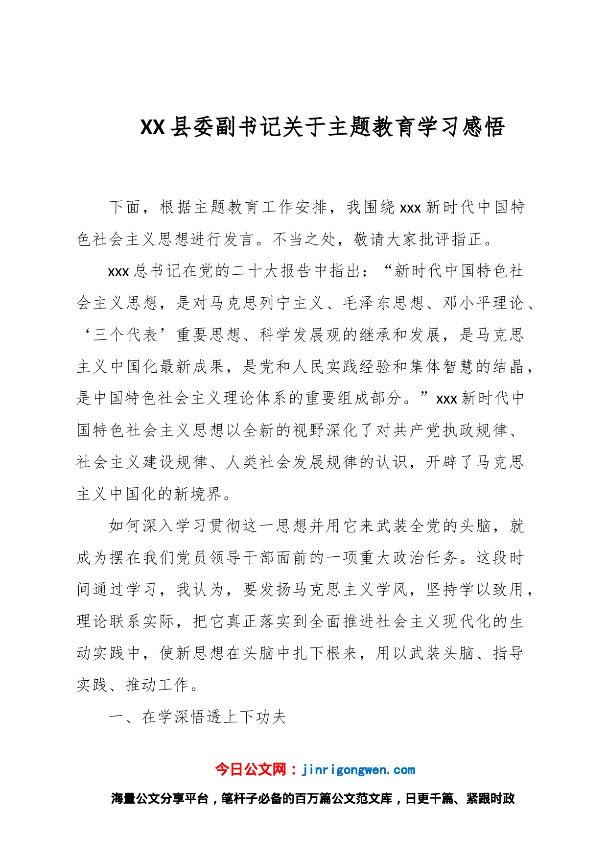 XX县委副书记关于主题教育学习感悟_第1页