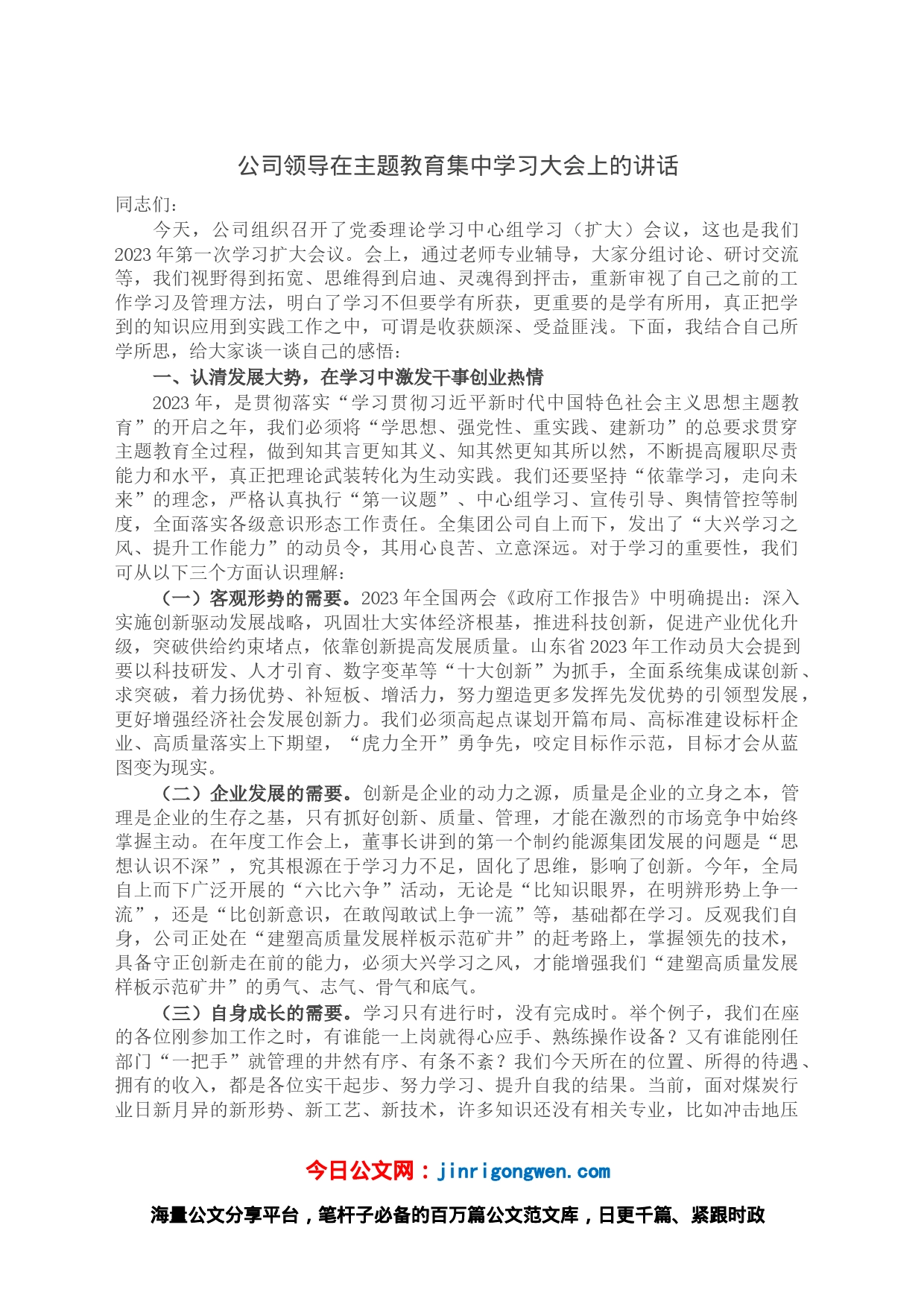 公司领导在主题教育集中学习大会上的讲话_第1页