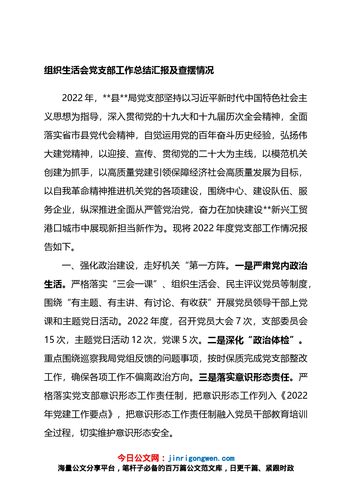 2023年组织生活会党支部工作总结汇报及查摆情况_第1页