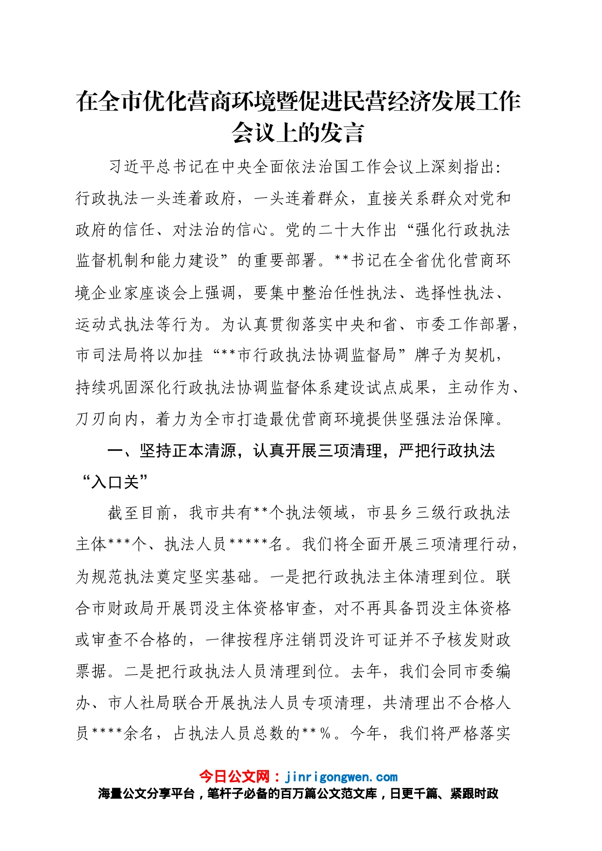 在全市优化营商环境暨促进民营经济发展工作会议上的发言_第1页