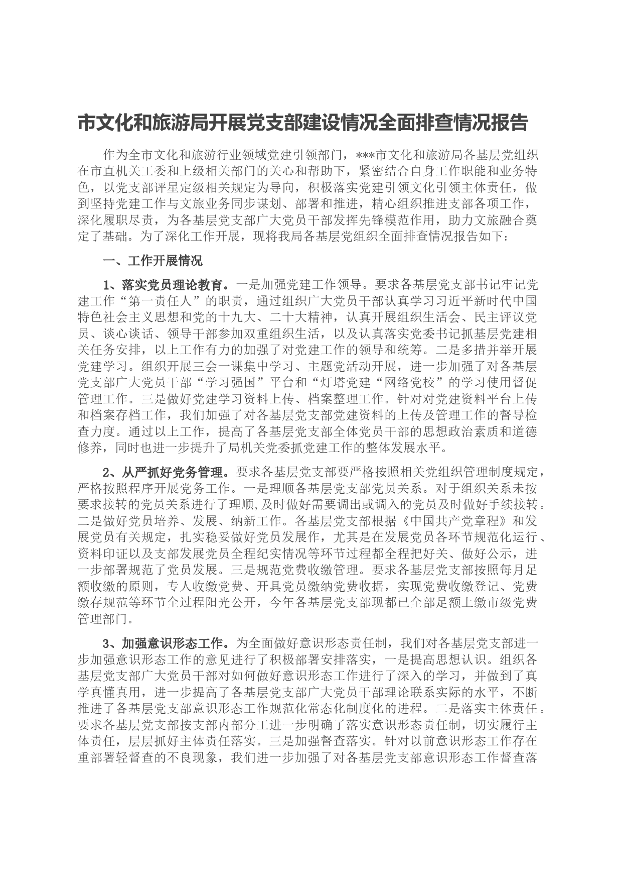 市文化和旅游局开展党支部建设情况全面排查情况报告_第1页