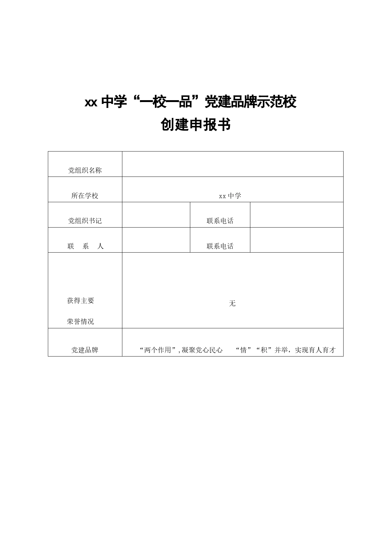 xx中学“一校一品”党建品牌示范校申报书_第1页