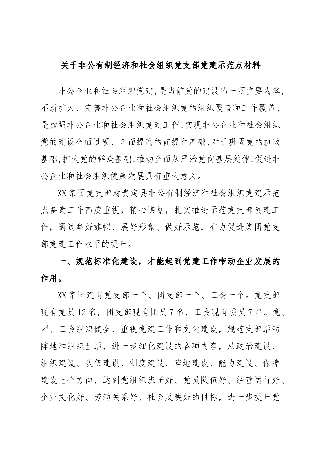 关于非公有制经济和社会组织党支部党建示范点材料_第1页