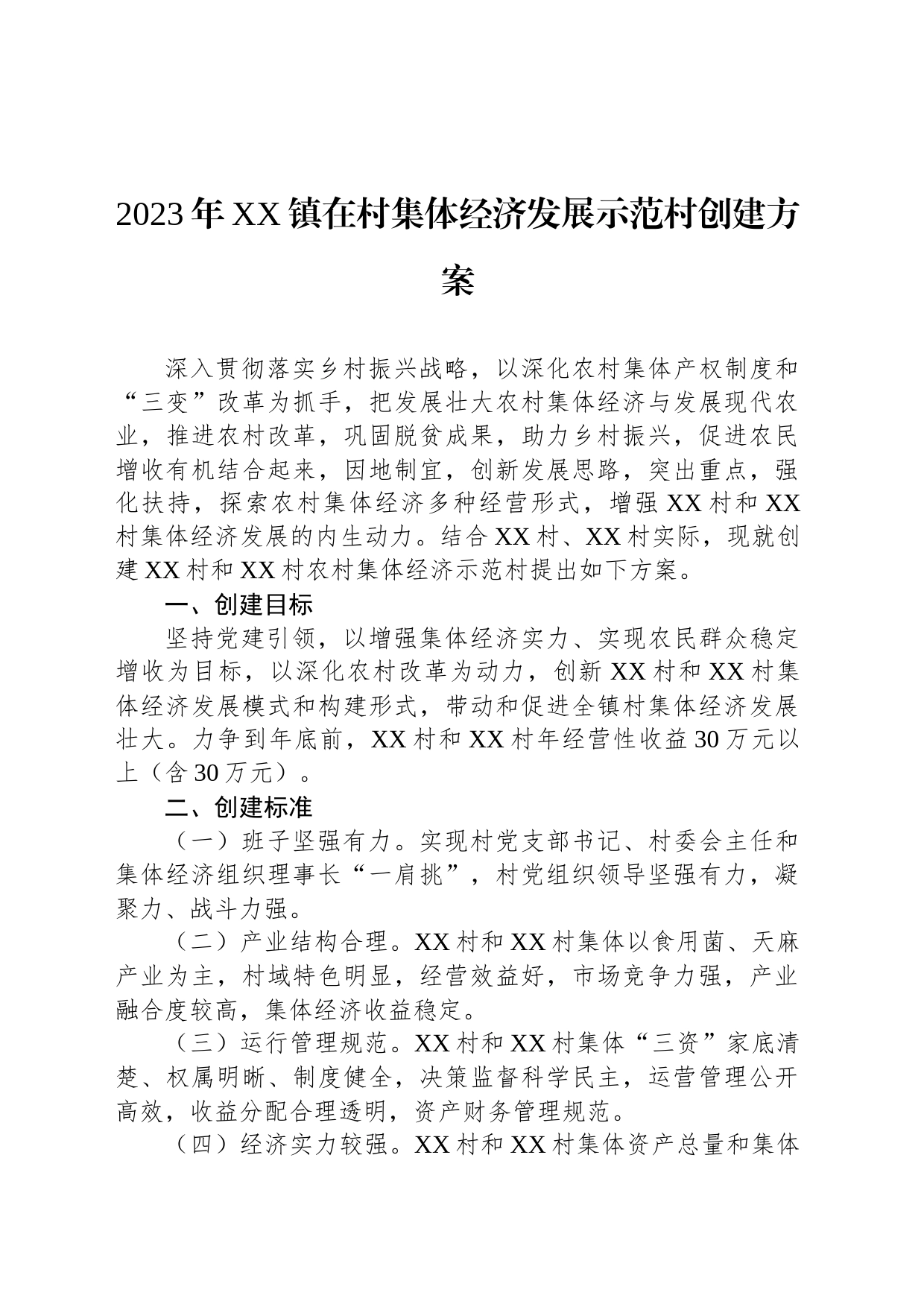 2023年XX镇在村集体经济发展示范村创建方案_第1页