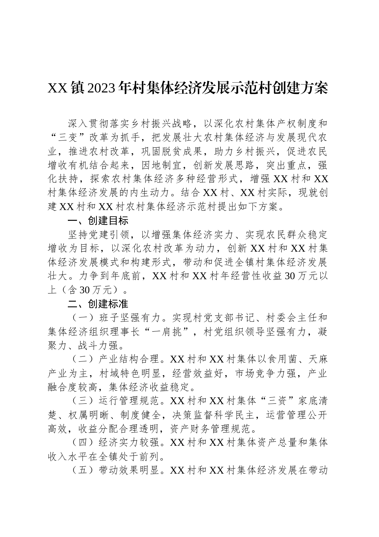 XX镇2023年村集体经济发展示范村创建方案_第1页
