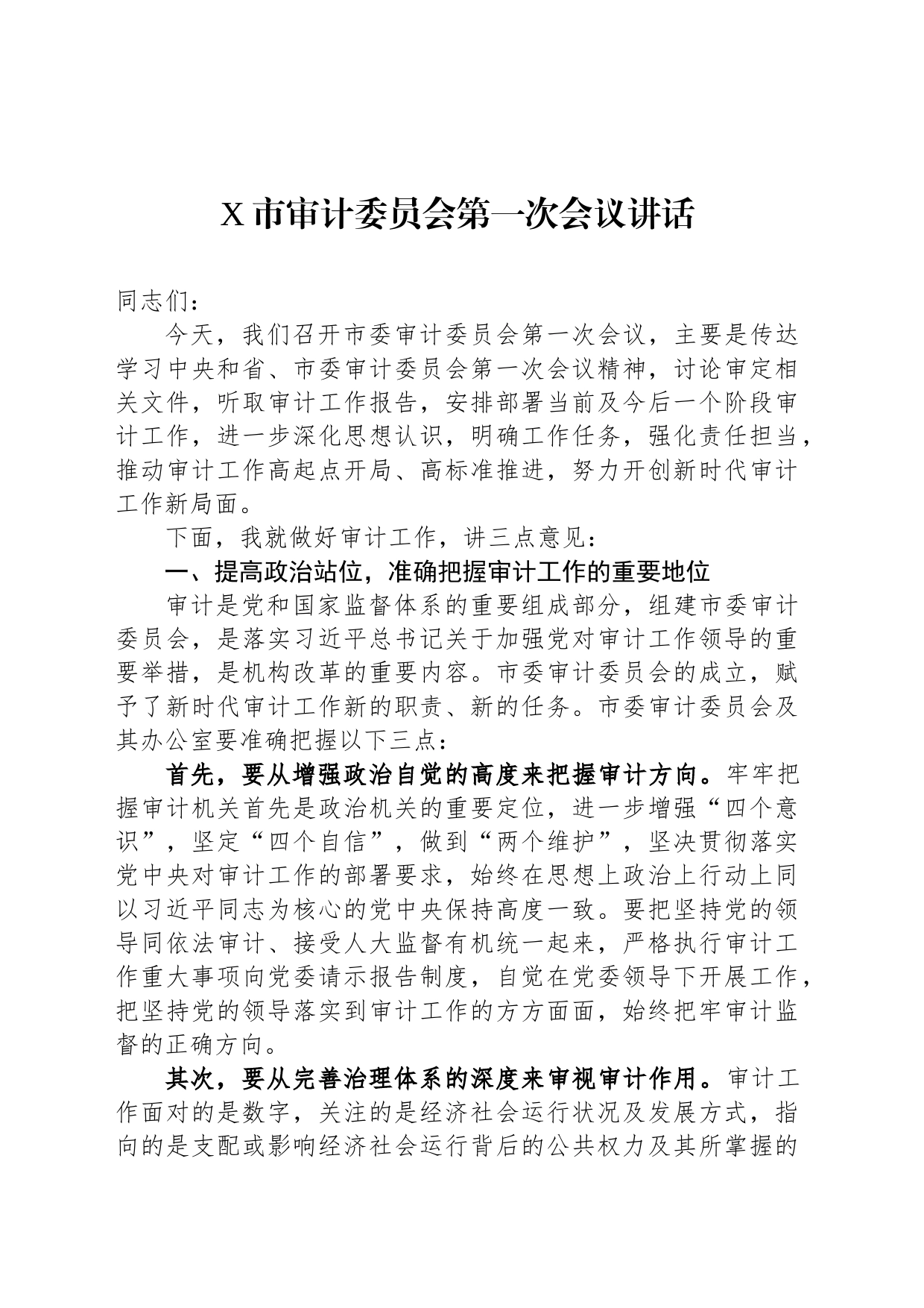 X市审计委员会第一次会议讲话_第1页