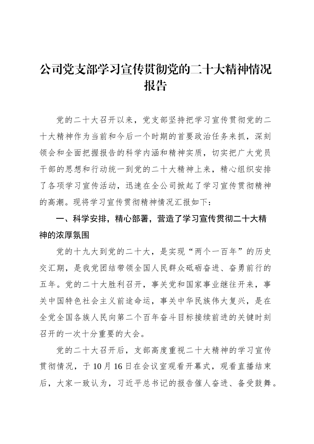 公司党支部学习宣传贯彻党的二十大精神情况报告_第1页