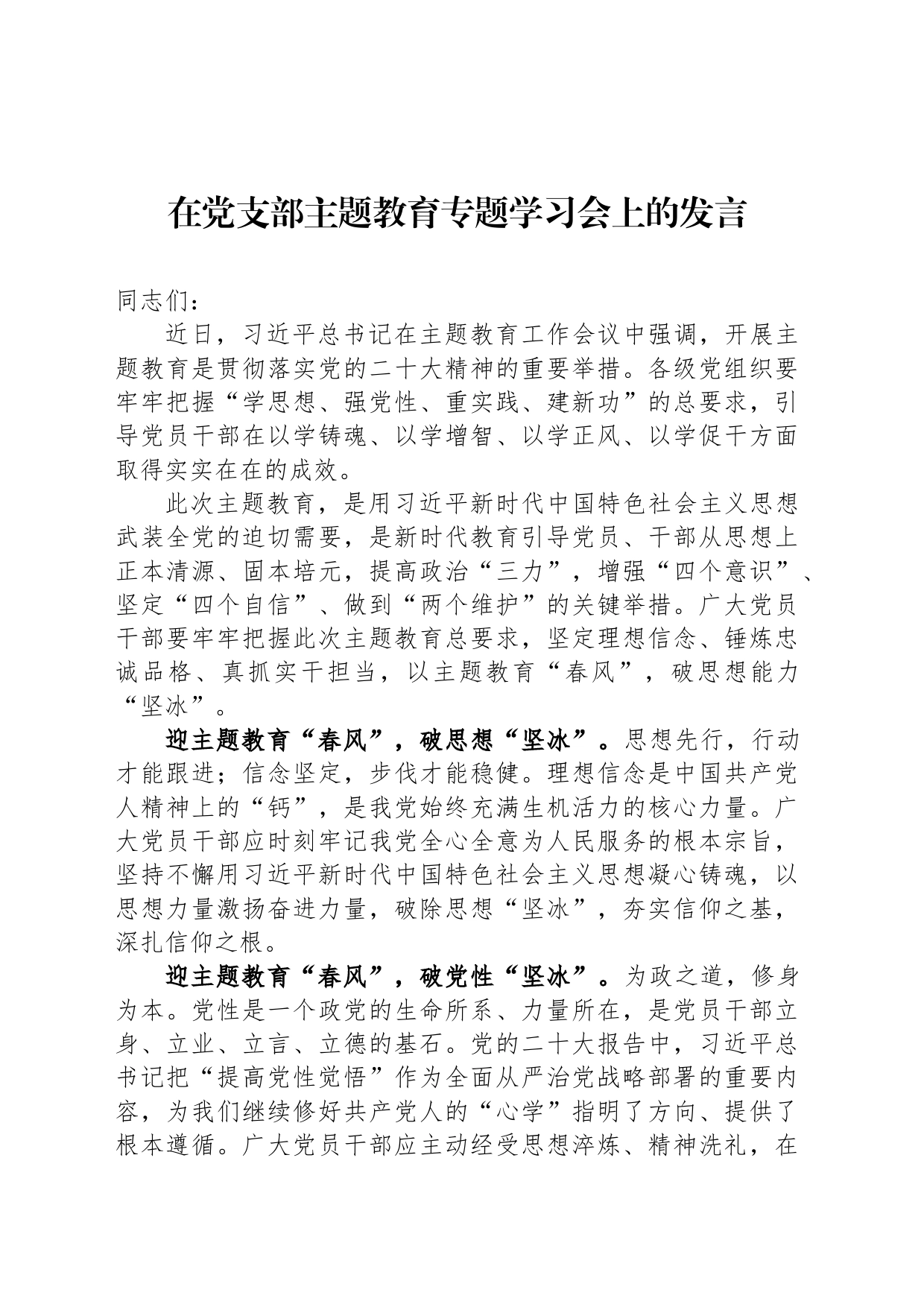 在党支部主题教育专题学习会上的发言_第1页