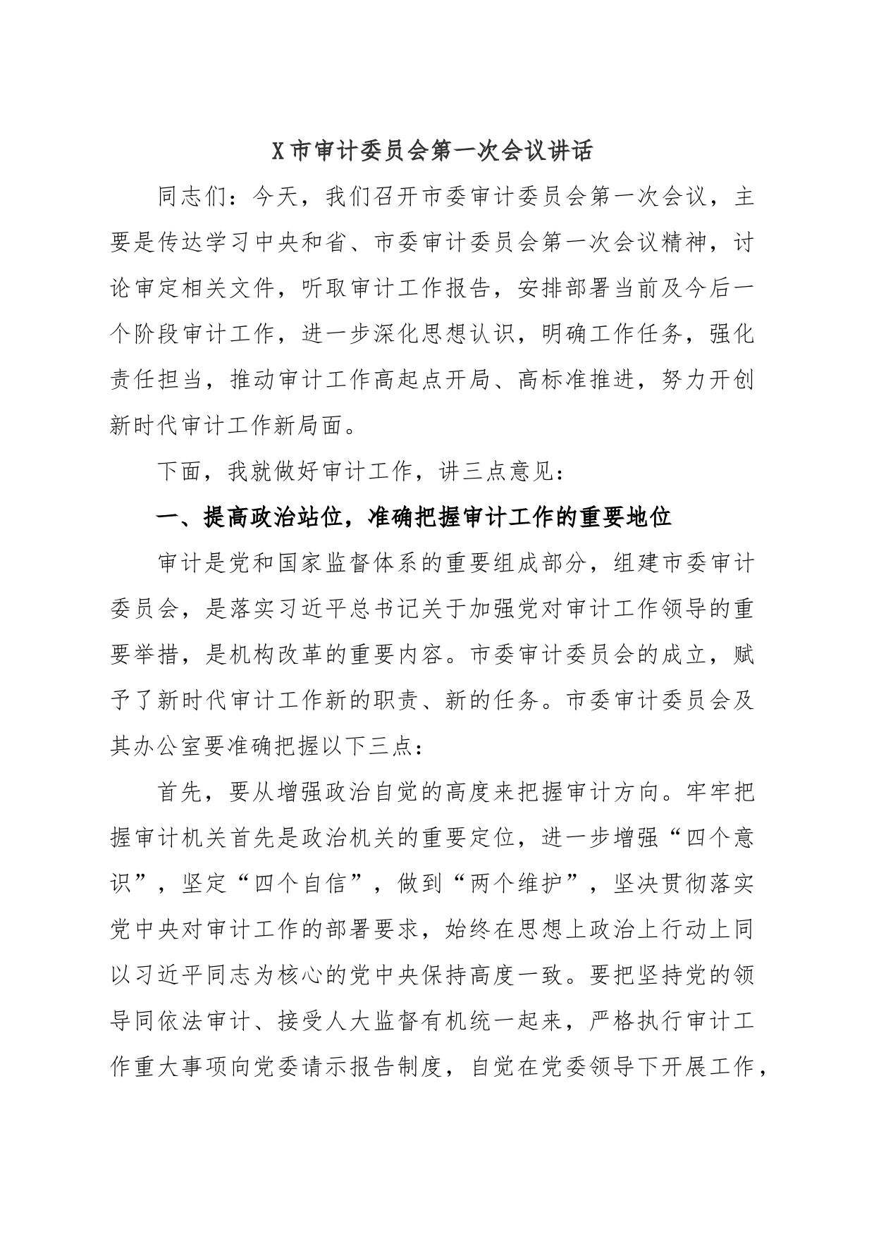 X市审计委员会第一次会议讲话_第1页