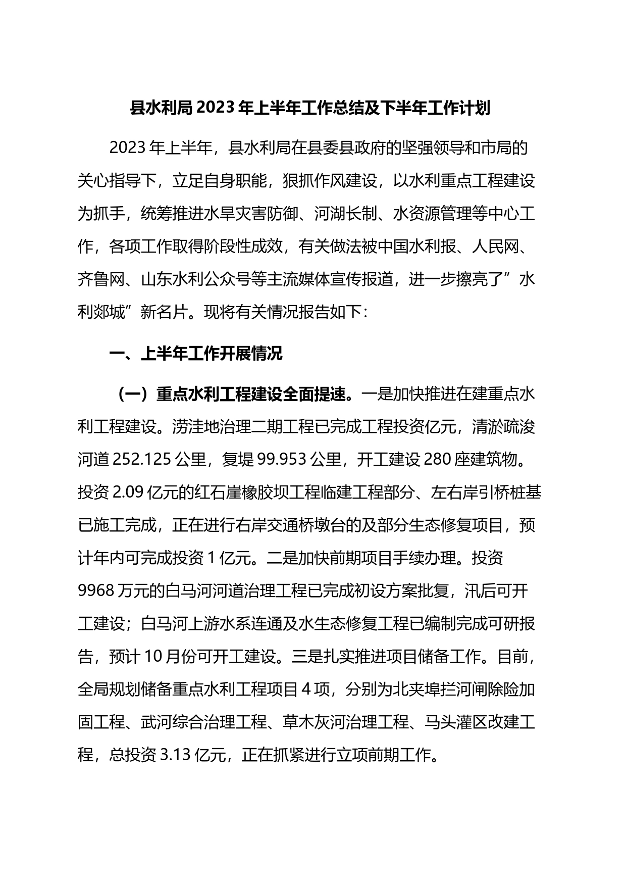 县水利局2023年上半年工作总结及下半年工作计划_第1页