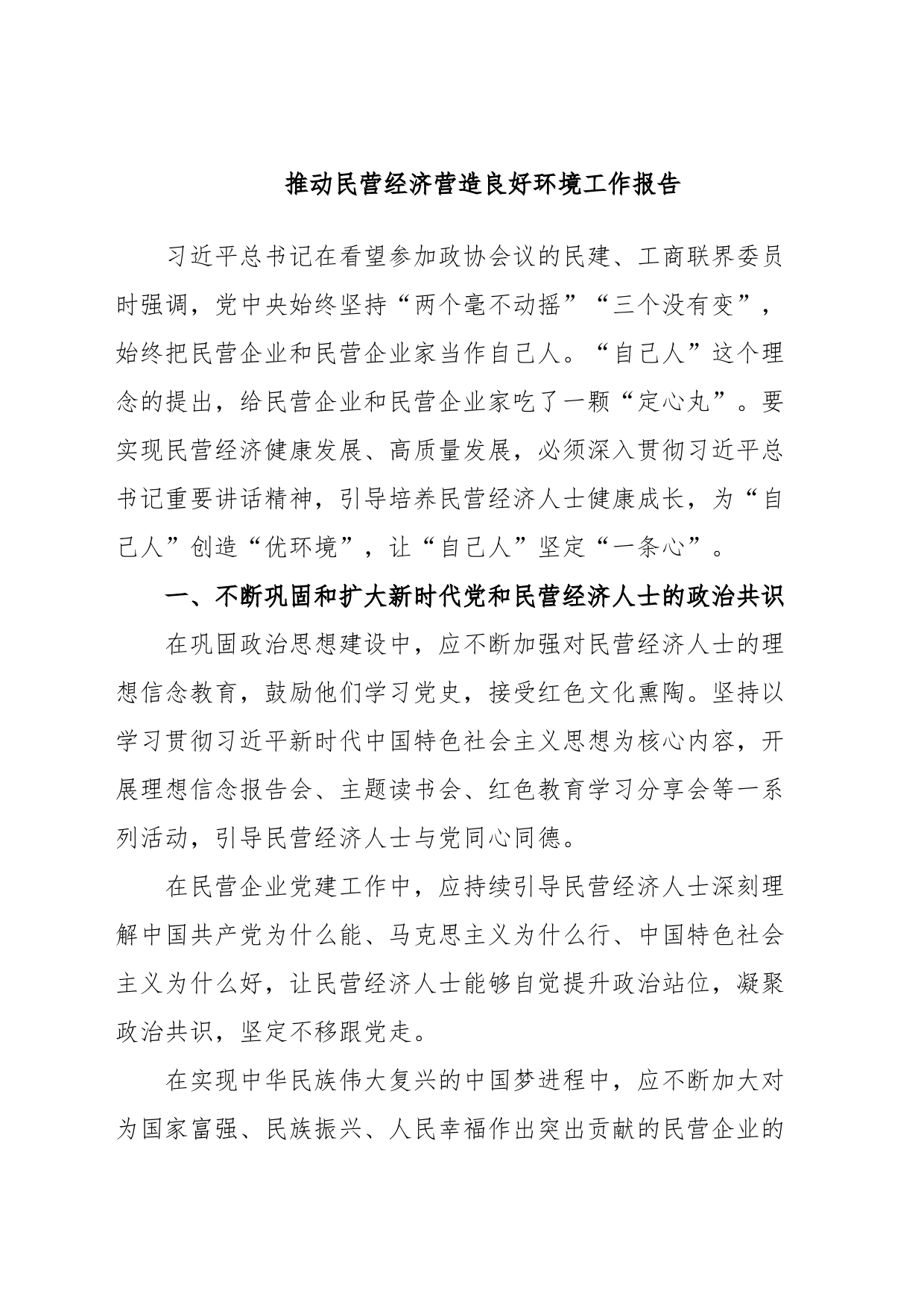 推动民营经济营造良好环境工作报告_第1页