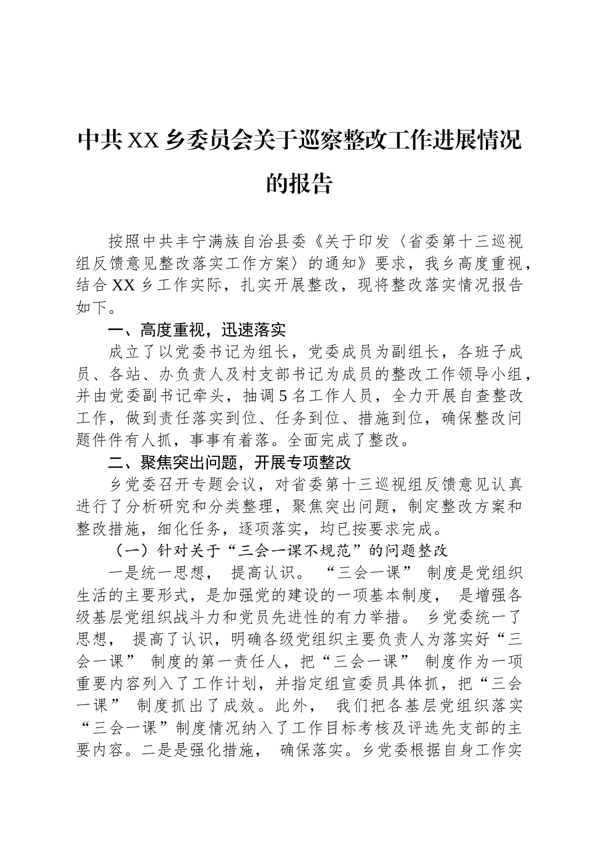 中共XX乡委员会关于巡察整改工作进展情况的报告(20230504)_第1页