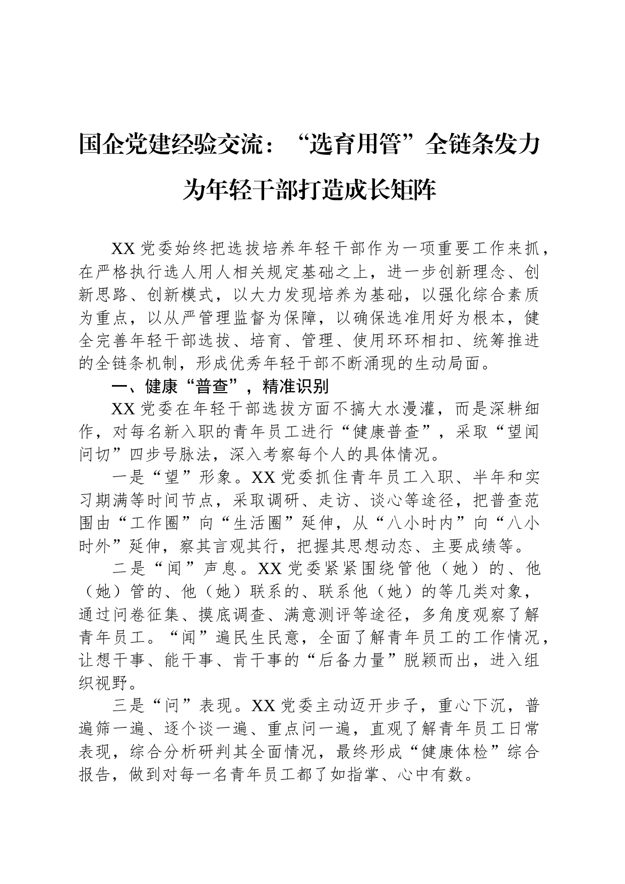 国企党建经验交流：“选育用管”全链条发力 为年轻干部打造成长矩阵_第1页