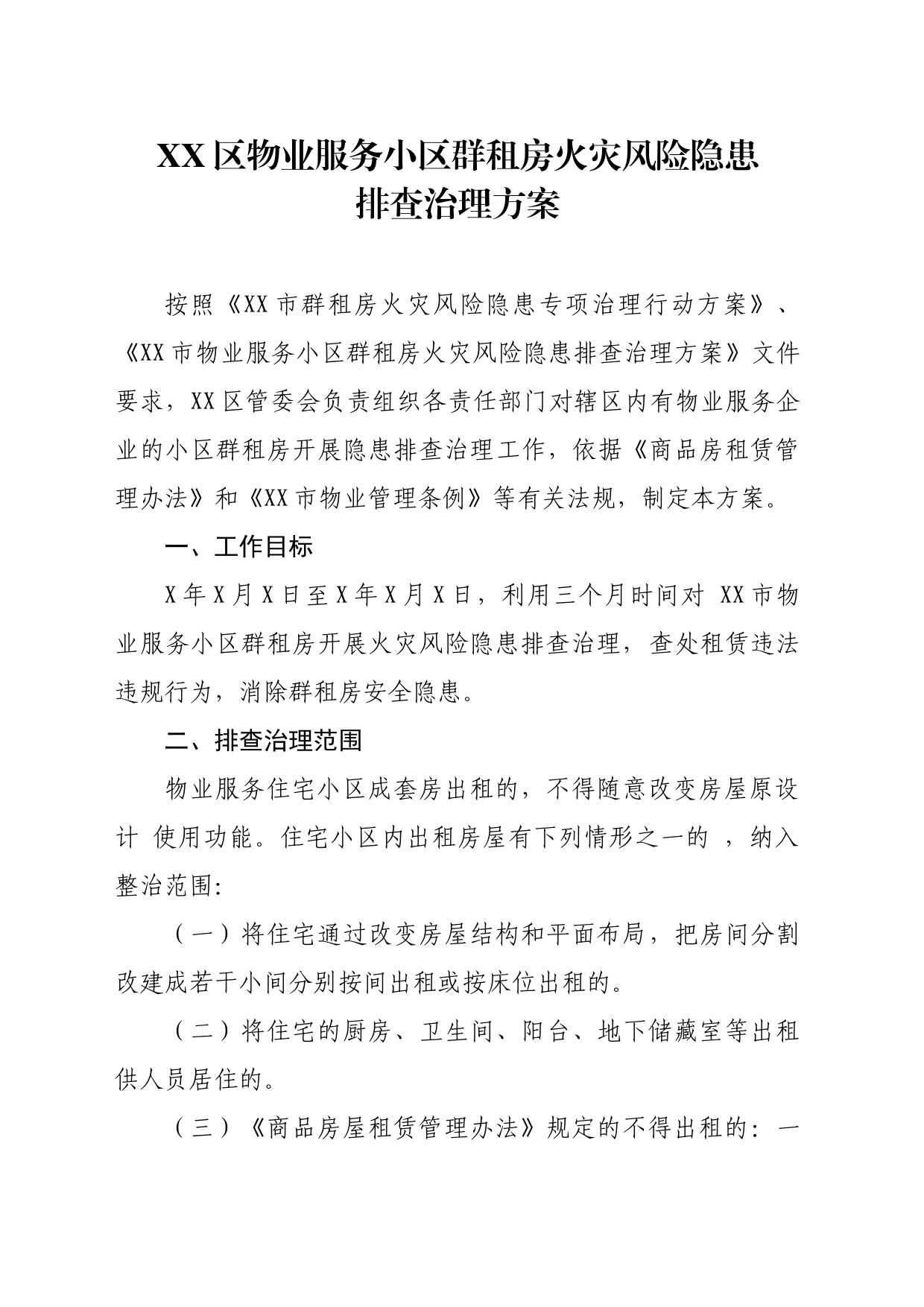 xx区物业服务小区群租房火灾风险隐患排查治理方案_第1页