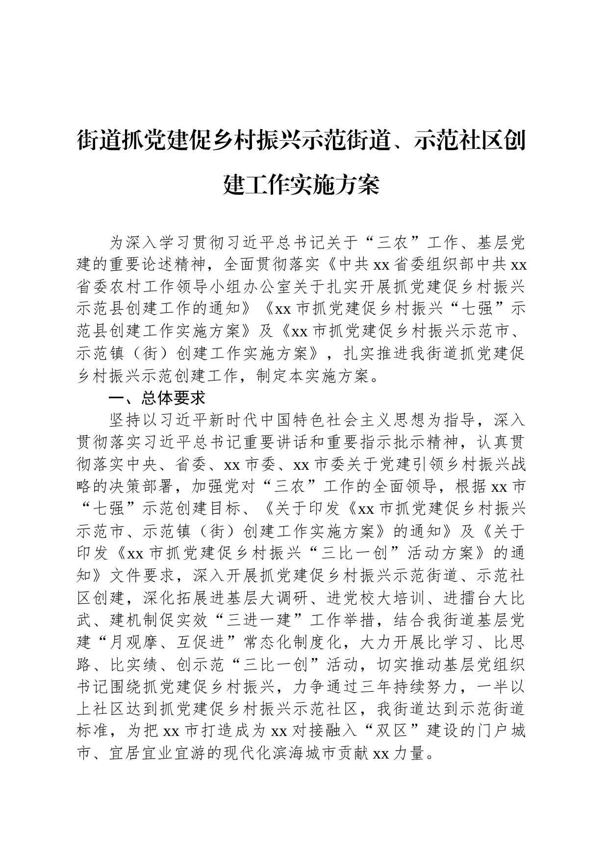 街道抓党建促乡村振兴示范街道、示范社区创建工作实施方案_第1页