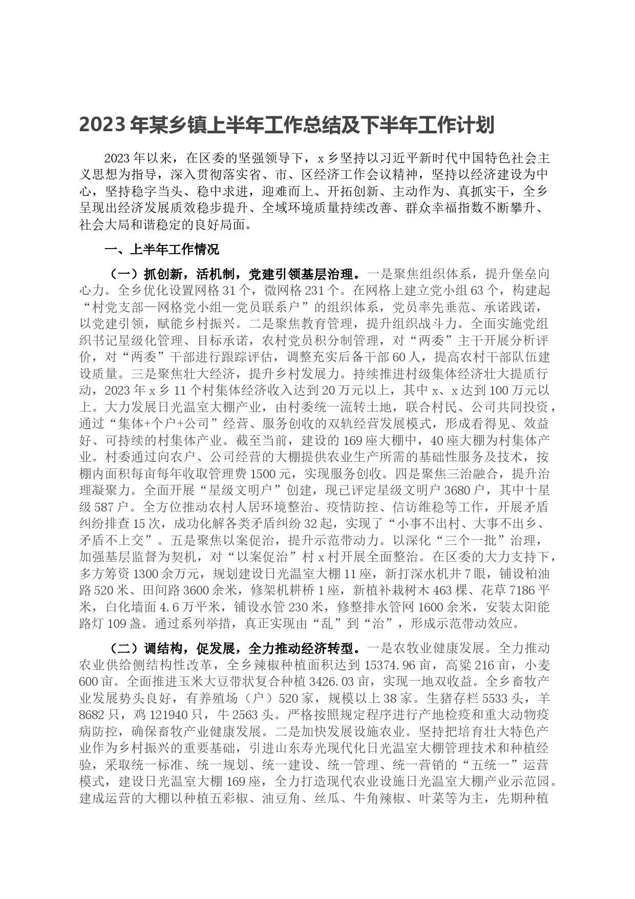 2023年某乡镇上半年工作总结及下半年工作计划_第1页