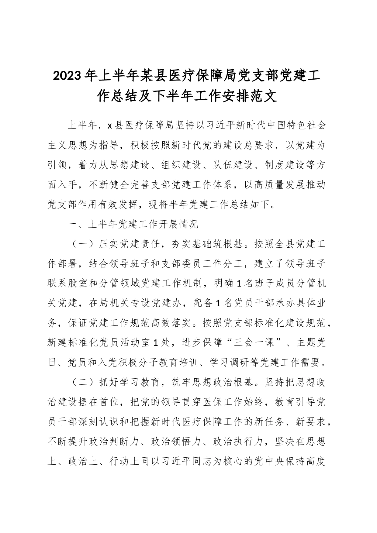 2023年上半年某县医疗保障局党支部党建工作总结及下半年工作安排_第1页